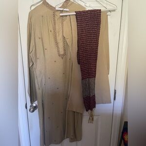 Beige Embroidered Tunic with Maroon Striped Scarf